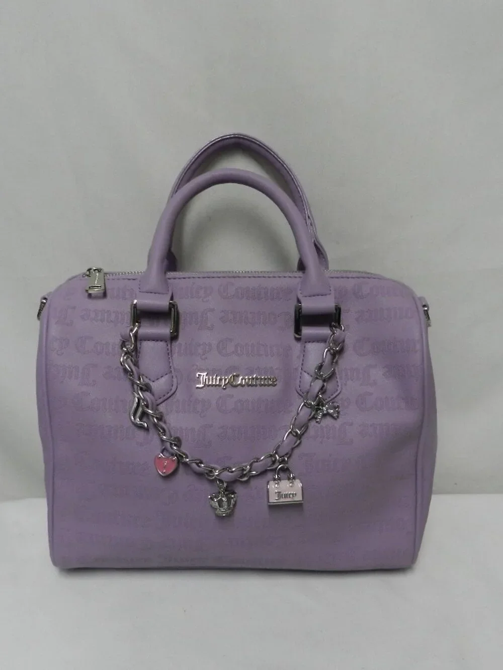 Juicy Couture faux leather barrel tote bag purse Purple zip top  Chain w/ Jewels